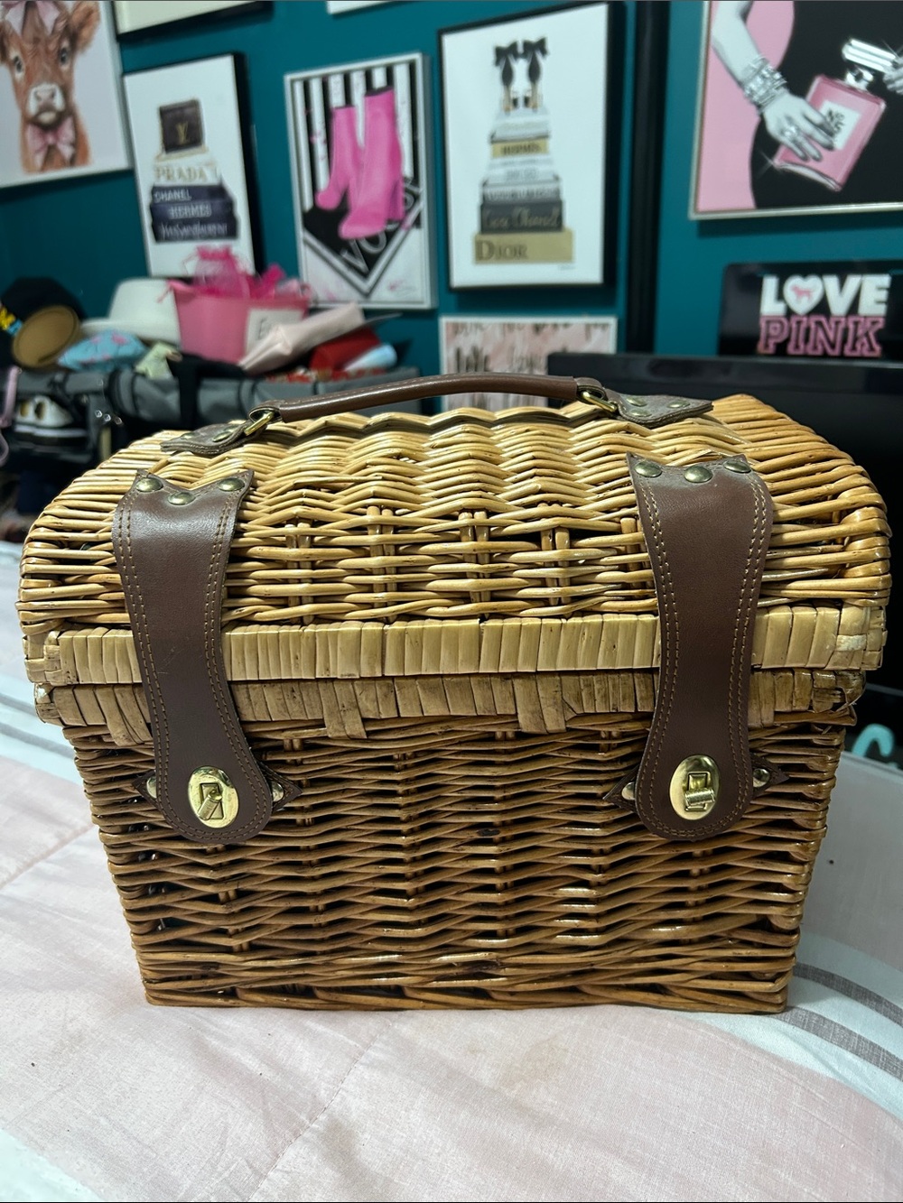 Picnic Time Woven Picnic Basket Handbag with Brown Leather Straps